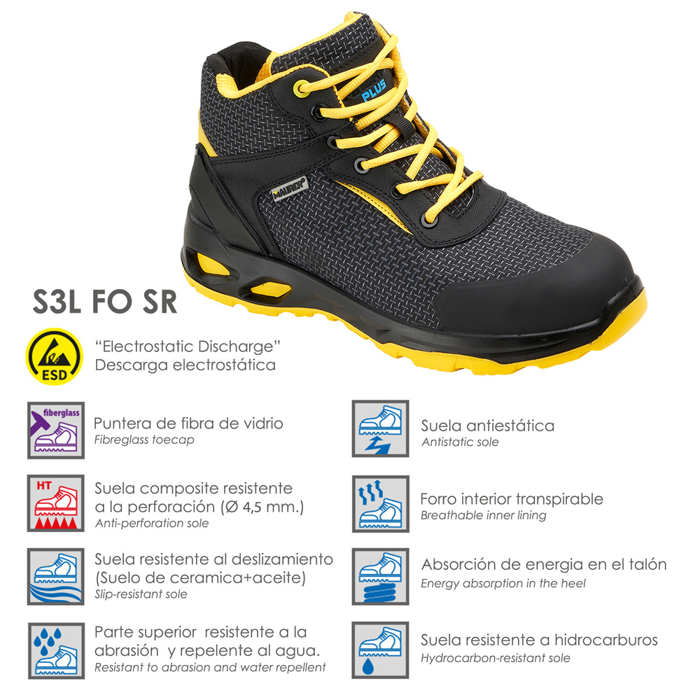 Bota Seguridad Maurer S3 Modelo Amerina Antideslizante con Suela Resistente a los Hidrocarburos. especificaciones tecnicas